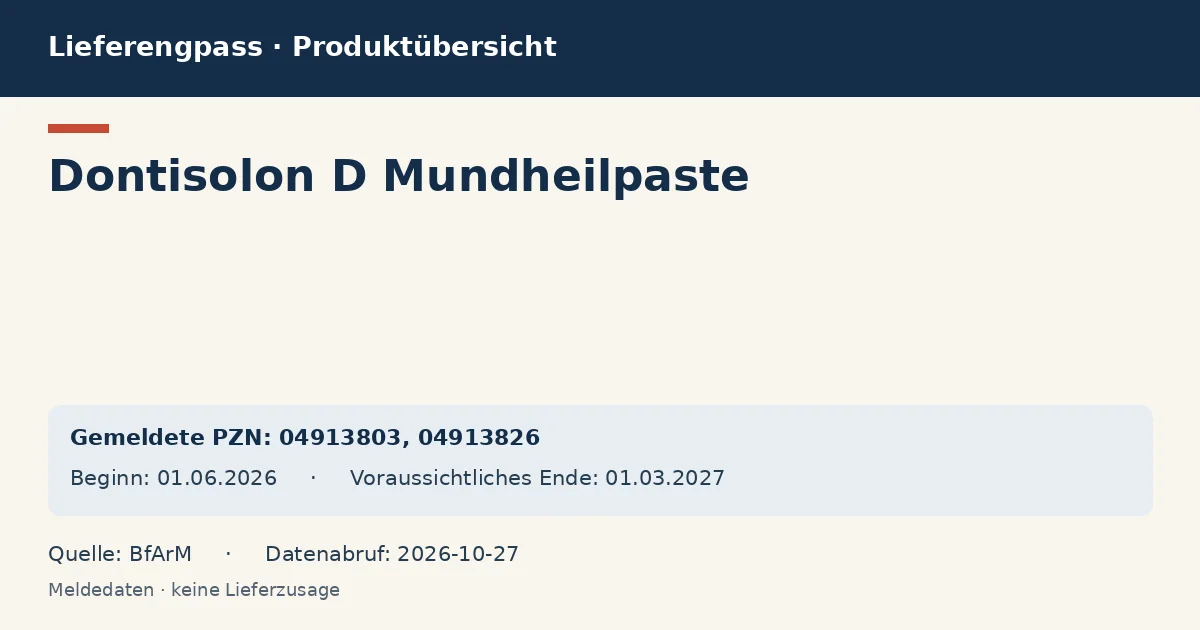 Dontisolon D Mundheilpaste: Datenübersicht zum Lieferengpass mit gemeldeten Packungen und Zeitraum (BfArM) Dontisolon D Mundheilpaste: Datenübersicht zum Lieferengpass mit gemeldeten Packungen und Zeitraum (BfArM)