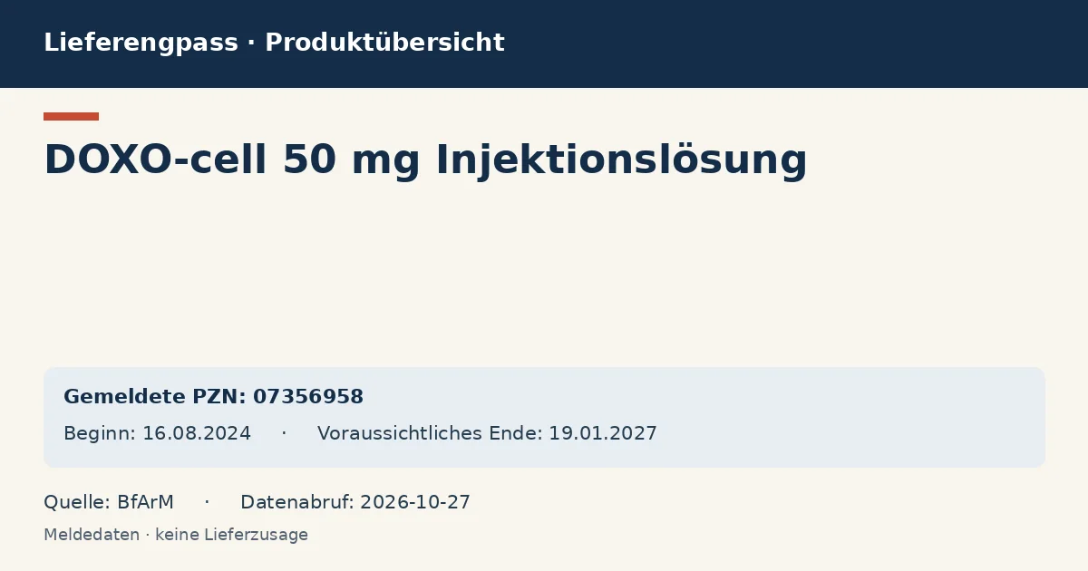 DOXO-cell 50 mg Injektionslösung: Datenübersicht zum Lieferengpass mit gemeldeten Packungen und Zeitraum (BfArM) DOXO-cell 50 mg Injektionslösung: Datenübersicht zum Lieferengpass mit gemeldeten Packungen und Zeitraum (BfArM)