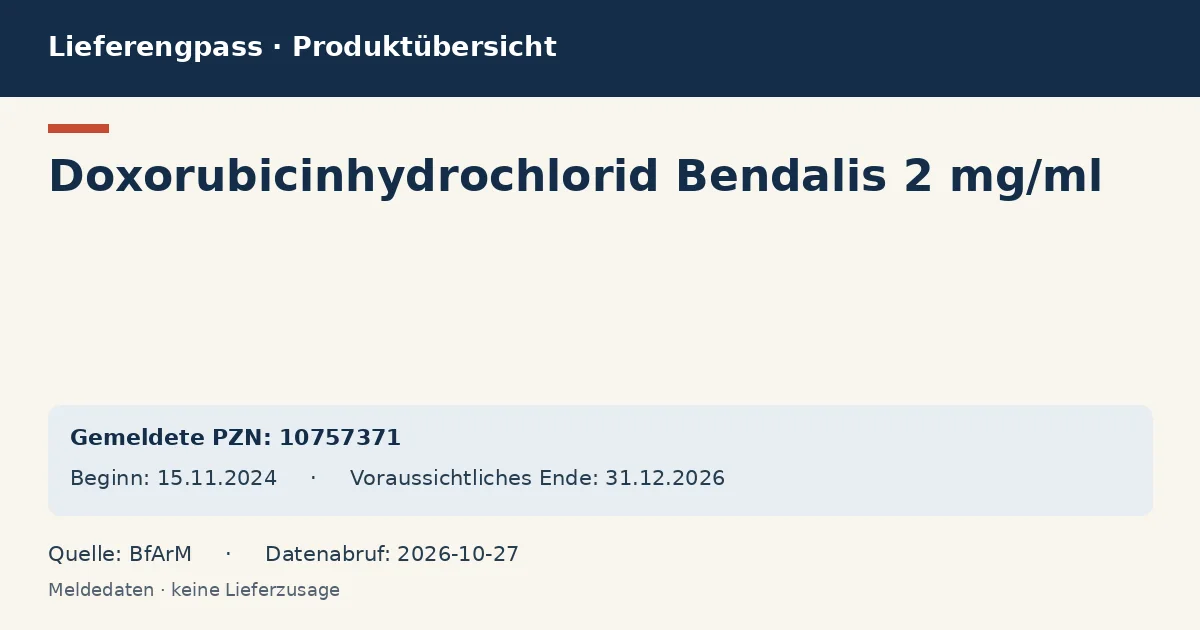 Doxorubicinhydrochlorid Bendalis 2 mg/ml: Datenübersicht zum Lieferengpass mit gemeldeten Packungen und Zeitraum (BfArM) Doxorubicinhydrochlorid Bendalis 2 mg/ml: Datenübersicht zum Lieferengpass mit gemeldeten Packungen und Zeitraum (BfArM)