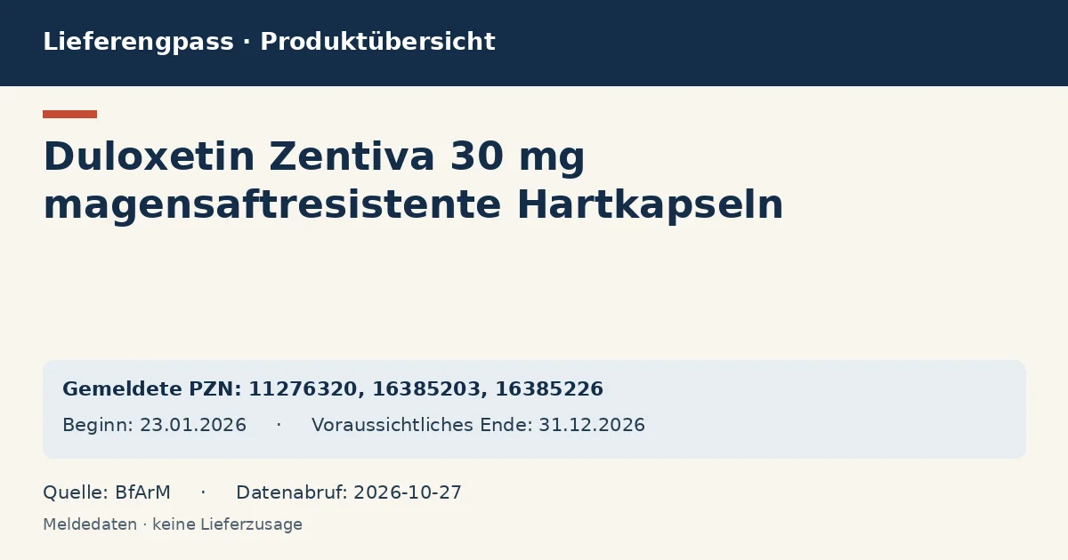 Duloxetin Zentiva 30 mg magensaftresistente Hartkapseln : Datenübersicht zum Lieferengpass mit gemeldeten Packungen und Zeitraum (BfArM) Duloxetin Zentiva 30 mg magensaftresistente Hartkapseln : Datenübersicht zum Lieferengpass mit gemeldeten Packungen und Zeitraum (BfArM)