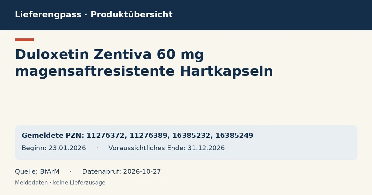 Duloxetin Zentiva 60 mg magensaftresistente Hartkapseln : Datenübersicht zum Lieferengpass mit gemeldeten Packungen und Zeitraum (BfArM) Duloxetin Zentiva 60 mg magensaftresistente Hartkapseln : Datenübersicht zum Lieferengpass mit gemeldeten Packungen und Zeitraum (BfArM)