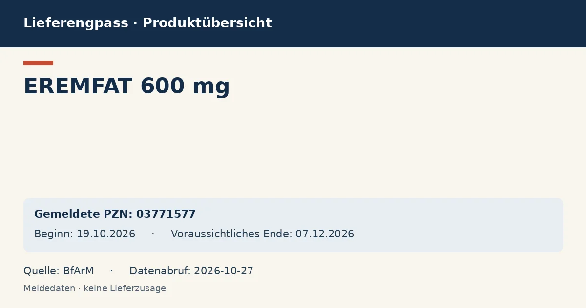 EREMFAT 600 mg: Datenübersicht zum Lieferengpass mit gemeldeten Packungen und Zeitraum (BfArM) EREMFAT 600 mg: Datenübersicht zum Lieferengpass mit gemeldeten Packungen und Zeitraum (BfArM)