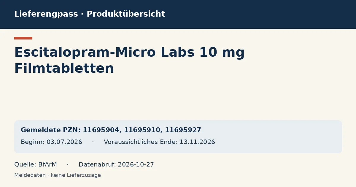 Escitalopram-Micro Labs 10 mg Filmtabletten: Datenübersicht zum Lieferengpass mit gemeldeten Packungen und Zeitraum (BfArM) Escitalopram-Micro Labs 10 mg Filmtabletten: Datenübersicht zum Lieferengpass mit gemeldeten Packungen und Zeitraum (BfArM)