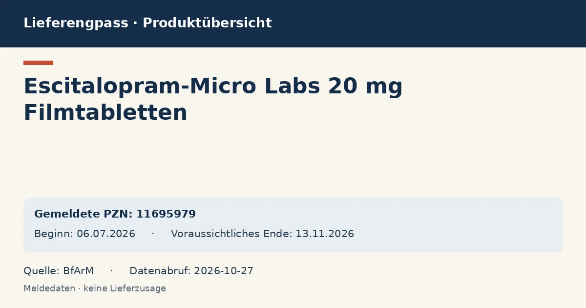 Escitalopram-Micro Labs 20 mg Filmtabletten: Datenübersicht zum Lieferengpass mit gemeldeten Packungen und Zeitraum (BfArM) Escitalopram-Micro Labs 20 mg Filmtabletten: Datenübersicht zum Lieferengpass mit gemeldeten Packungen und Zeitraum (BfArM)
