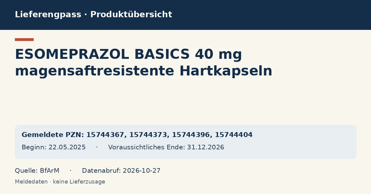 ESOMEPRAZOL BASICS 40 mg magensaftresistente Hartkapseln: Datenübersicht zum Lieferengpass mit gemeldeten Packungen und Zeitraum (BfArM) ESOMEPRAZOL BASICS 40 mg magensaftresistente Hartkapseln: Datenübersicht zum Lieferengpass mit gemeldeten Packungen und Zeitraum (BfArM)