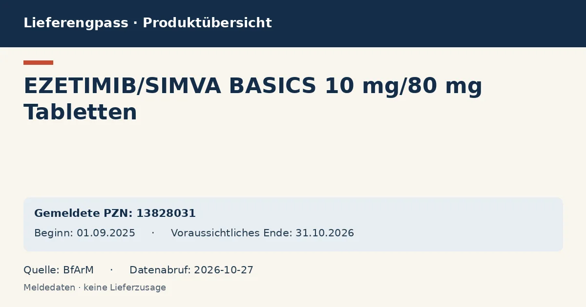 EZETIMIB/SIMVA BASICS 10 mg/80 mg Tabletten: Datenübersicht zum Lieferengpass mit gemeldeten Packungen und Zeitraum (BfArM) EZETIMIB/SIMVA BASICS 10 mg/80 mg Tabletten: Datenübersicht zum Lieferengpass mit gemeldeten Packungen und Zeitraum (BfArM)