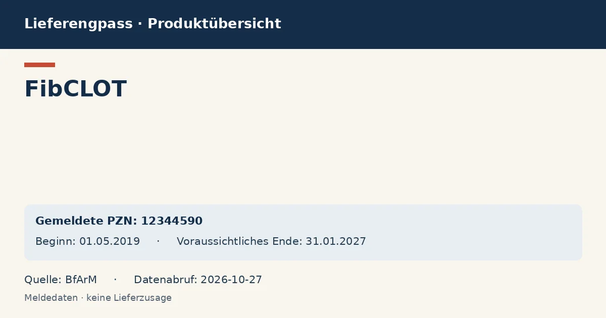 FibCLOT: Datenübersicht zum Lieferengpass mit gemeldeten Packungen und Zeitraum (BfArM) FibCLOT: Datenübersicht zum Lieferengpass mit gemeldeten Packungen und Zeitraum (BfArM)