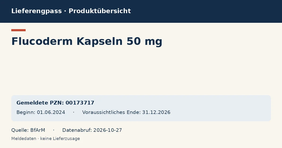 Flucoderm Kapseln 50 mg: Datenübersicht zum Lieferengpass mit gemeldeten Packungen und Zeitraum (BfArM) Flucoderm Kapseln 50 mg: Datenübersicht zum Lieferengpass mit gemeldeten Packungen und Zeitraum (BfArM)