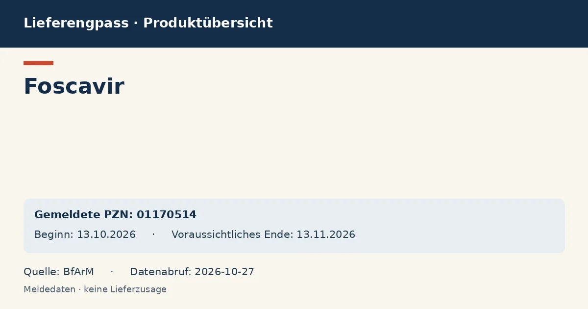 Foscavir: Datenübersicht zum Lieferengpass mit gemeldeten Packungen und Zeitraum (BfArM) Foscavir: Datenübersicht zum Lieferengpass mit gemeldeten Packungen und Zeitraum (BfArM)