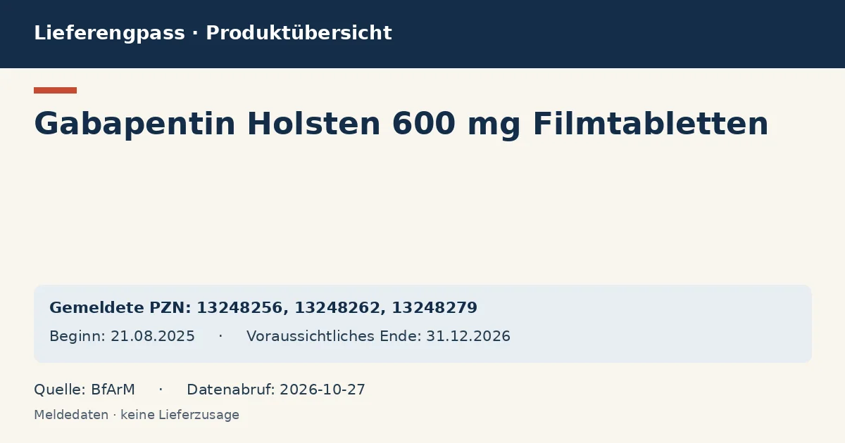 Gabapentin Holsten 600 mg Filmtabletten: Datenübersicht zum Lieferengpass mit gemeldeten Packungen und Zeitraum (BfArM) Gabapentin Holsten 600 mg Filmtabletten: Datenübersicht zum Lieferengpass mit gemeldeten Packungen und Zeitraum (BfArM)