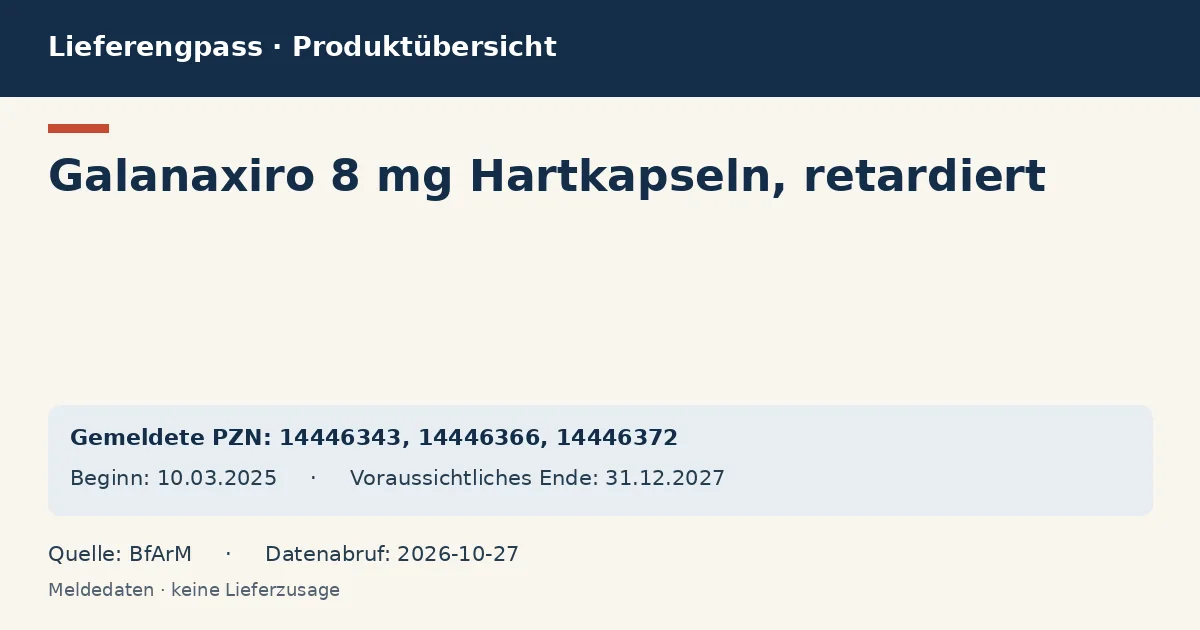 Galanaxiro 8 mg Hartkapseln, retardiert: Datenübersicht zum Lieferengpass mit gemeldeten Packungen und Zeitraum (BfArM) Galanaxiro 8 mg Hartkapseln, retardiert: Datenübersicht zum Lieferengpass mit gemeldeten Packungen und Zeitraum (BfArM)
