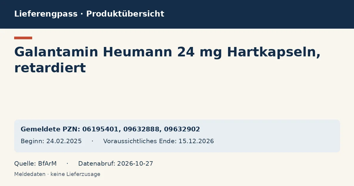 Galantamin Heumann 24 mg Hartkapseln, retardiert: Datenübersicht zum Lieferengpass mit gemeldeten Packungen und Zeitraum (BfArM) Galantamin Heumann 24 mg Hartkapseln, retardiert: Datenübersicht zum Lieferengpass mit gemeldeten Packungen und Zeitraum (BfArM)