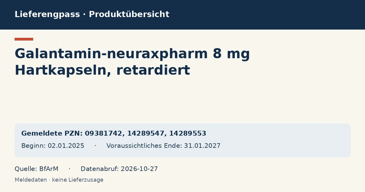 Galantamin-neuraxpharm 8 mg Hartkapseln, retardiert: Datenübersicht zum Lieferengpass mit gemeldeten Packungen und Zeitraum (BfArM) Galantamin-neuraxpharm 8 mg Hartkapseln, retardiert: Datenübersicht zum Lieferengpass mit gemeldeten Packungen und Zeitraum (BfArM)