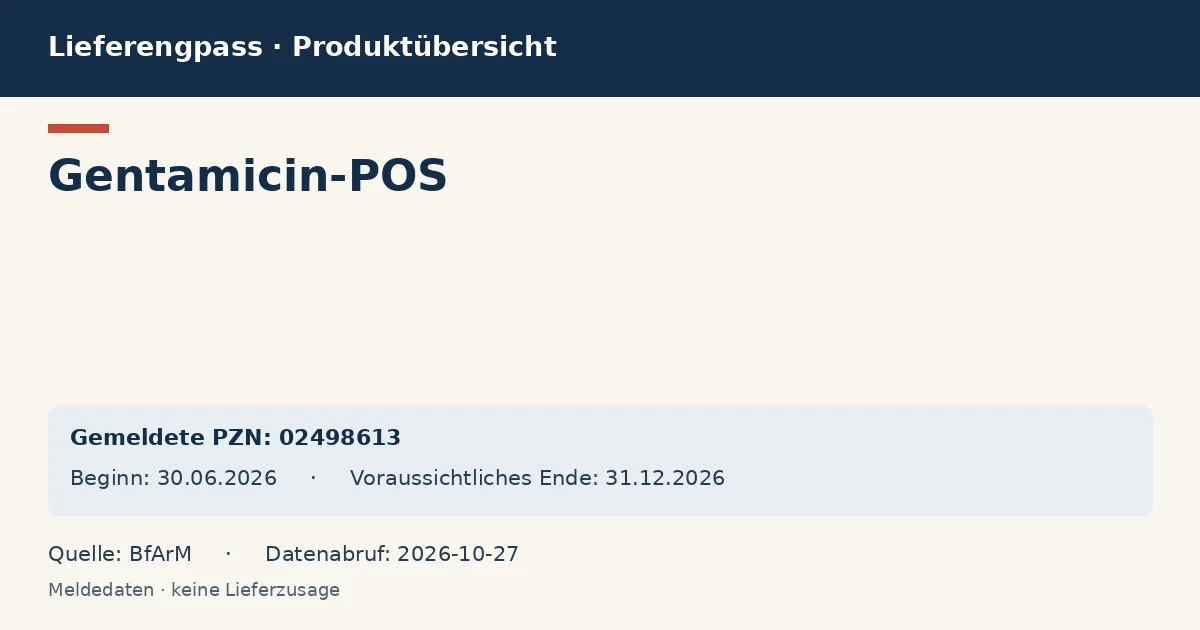 Gentamicin-POS: Datenübersicht zum Lieferengpass mit gemeldeten Packungen und Zeitraum (BfArM) Gentamicin-POS: Datenübersicht zum Lieferengpass mit gemeldeten Packungen und Zeitraum (BfArM)