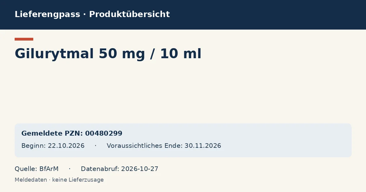Gilurytmal 50 mg / 10 ml: Datenübersicht zum Lieferengpass mit gemeldeten Packungen und Zeitraum (BfArM) Gilurytmal 50 mg / 10 ml: Datenübersicht zum Lieferengpass mit gemeldeten Packungen und Zeitraum (BfArM)