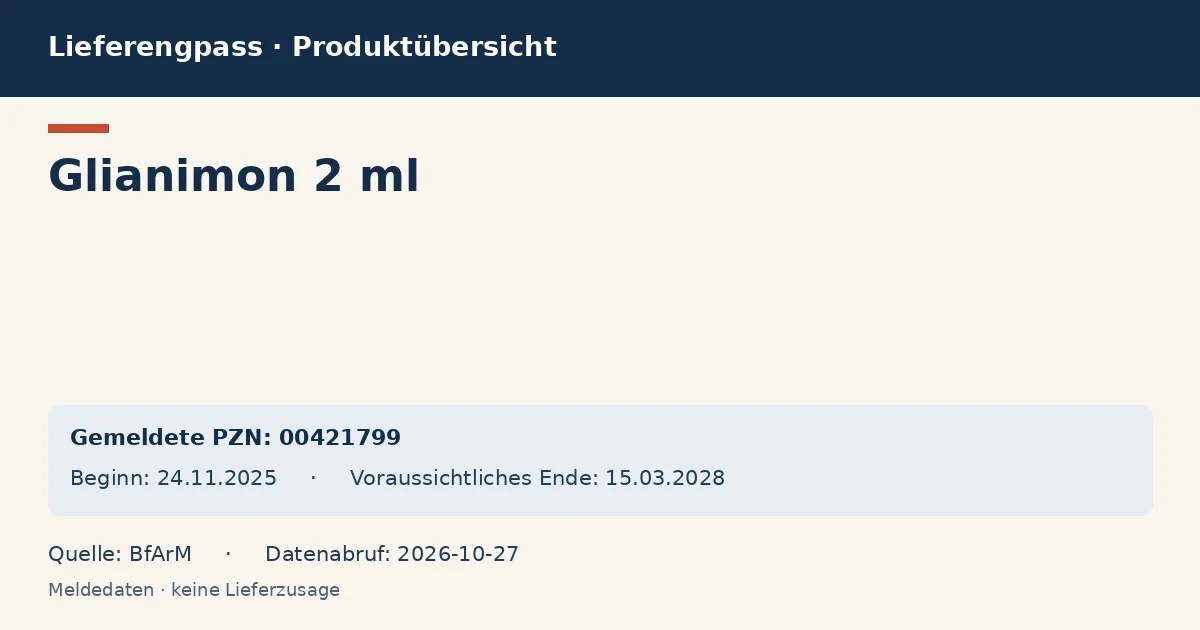 Glianimon 2 ml: Datenübersicht zum Lieferengpass mit gemeldeten Packungen und Zeitraum (BfArM) Glianimon 2 ml: Datenübersicht zum Lieferengpass mit gemeldeten Packungen und Zeitraum (BfArM)