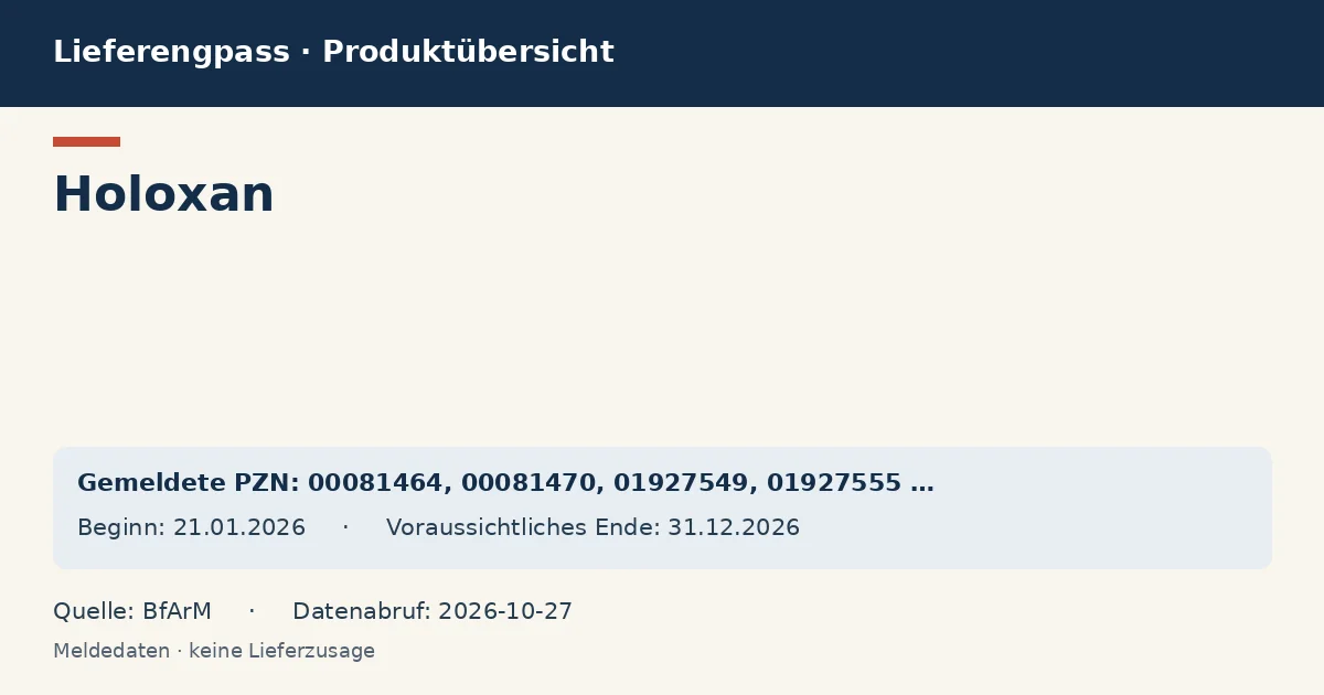 Holoxan: Datenübersicht zum Lieferengpass mit gemeldeten Packungen und Zeitraum (BfArM) Holoxan: Datenübersicht zum Lieferengpass mit gemeldeten Packungen und Zeitraum (BfArM)