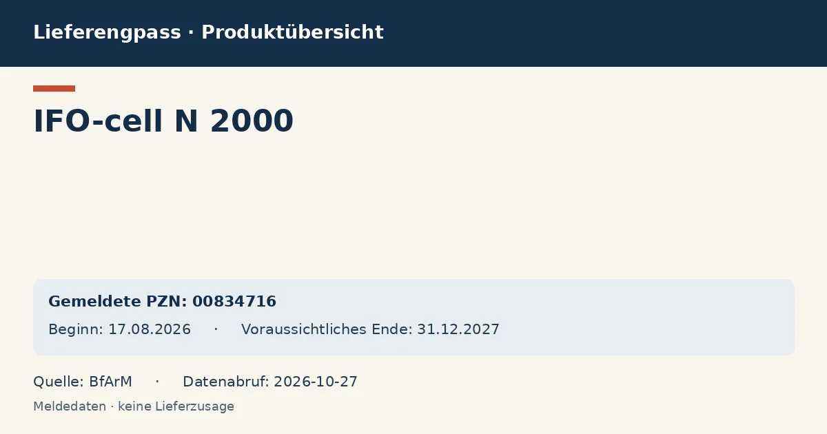 IFO-cell N 2000: Datenübersicht zum Lieferengpass mit gemeldeten Packungen und Zeitraum (BfArM) IFO-cell N 2000: Datenübersicht zum Lieferengpass mit gemeldeten Packungen und Zeitraum (BfArM)