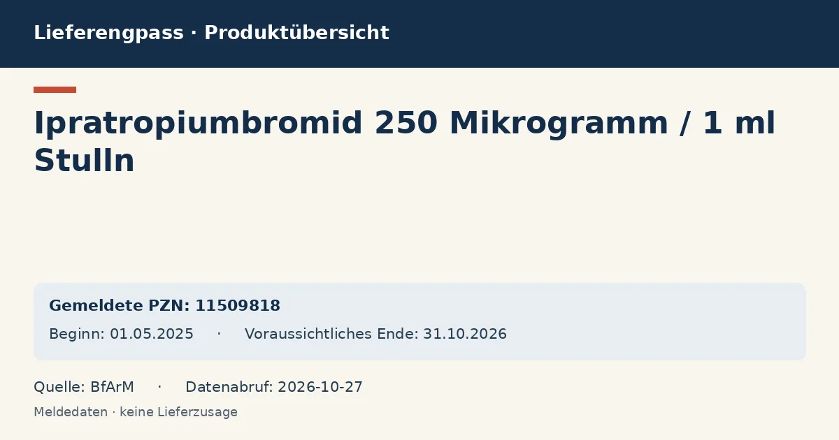 Ipratropiumbromid 250 Mikrogramm / 1 ml Stulln: Datenübersicht zum Lieferengpass mit gemeldeten Packungen und Zeitraum (BfArM) Ipratropiumbromid 250 Mikrogramm / 1 ml Stulln: Datenübersicht zum Lieferengpass mit gemeldeten Packungen und Zeitraum (BfArM)