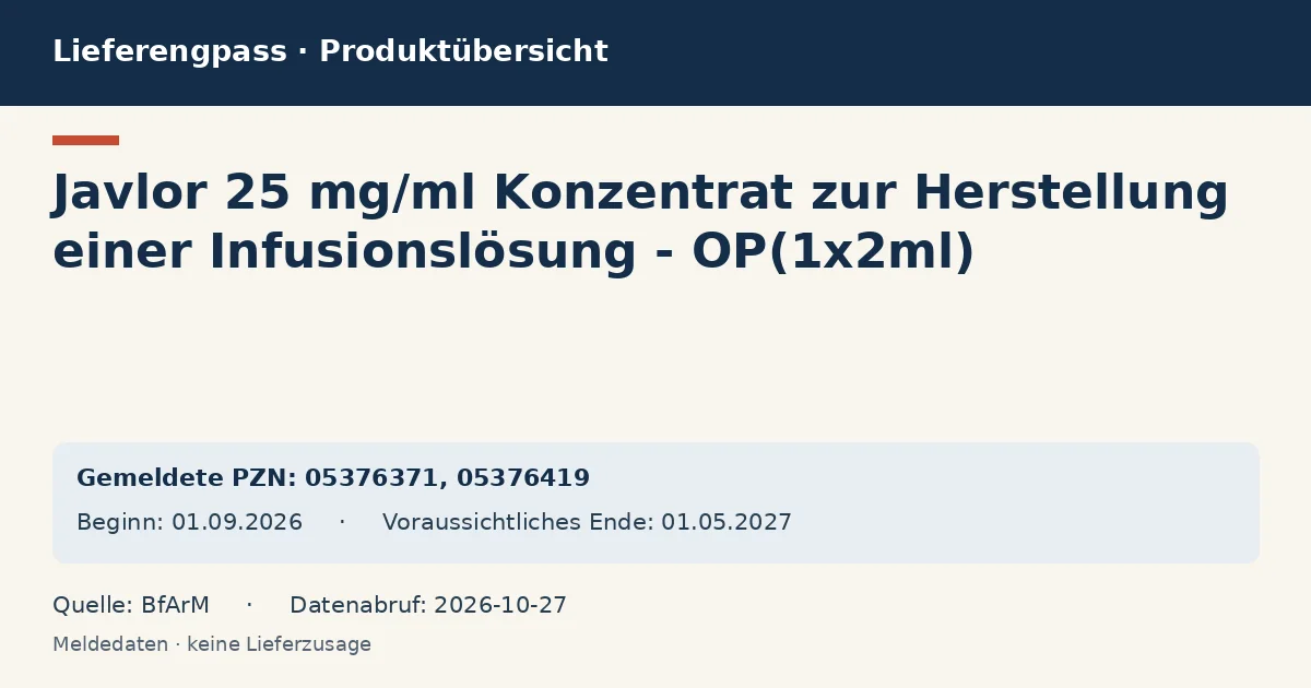 Javlor 25 mg/ml Konzentrat zur Herstellung einer Infusionslösung - OP(1x2ml): Datenübersicht zum Lieferengpass mit gemeldeten Packungen und Zeitraum (BfArM) Javlor 25 mg/ml Konzentrat zur Herstellung einer Infusionslösung - OP(1x2ml): Datenübersicht zum Lieferengpass mit gemeldeten Packungen und Zeitraum (BfArM)