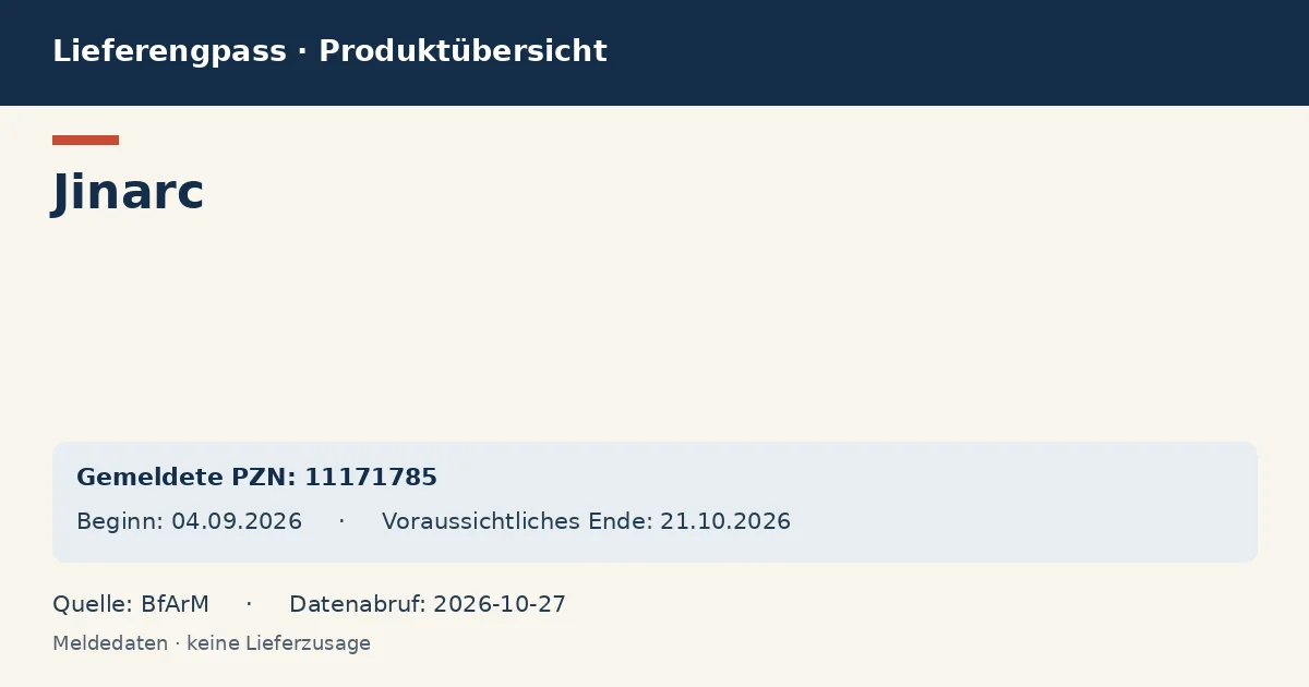 Jinarc : Datenübersicht zum Lieferengpass mit gemeldeten Packungen und Zeitraum (BfArM) Jinarc : Datenübersicht zum Lieferengpass mit gemeldeten Packungen und Zeitraum (BfArM)