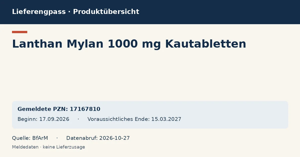 Lanthan Mylan 1000 mg Kautabletten: Datenübersicht zum Lieferengpass mit gemeldeten Packungen und Zeitraum (BfArM) Lanthan Mylan 1000 mg Kautabletten: Datenübersicht zum Lieferengpass mit gemeldeten Packungen und Zeitraum (BfArM)