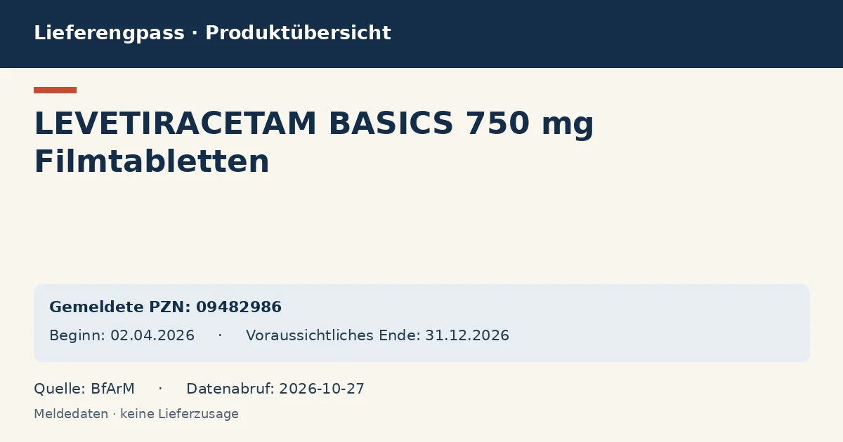 LEVETIRACETAM BASICS 750 mg Filmtabletten: Datenübersicht zum Lieferengpass mit gemeldeten Packungen und Zeitraum (BfArM) LEVETIRACETAM BASICS 750 mg Filmtabletten: Datenübersicht zum Lieferengpass mit gemeldeten Packungen und Zeitraum (BfArM)