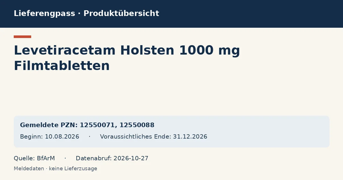 Levetiracetam Holsten 1000 mg Filmtabletten: Datenübersicht zum Lieferengpass mit gemeldeten Packungen und Zeitraum (BfArM) Levetiracetam Holsten 1000 mg Filmtabletten: Datenübersicht zum Lieferengpass mit gemeldeten Packungen und Zeitraum (BfArM)
