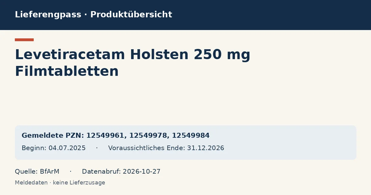 Levetiracetam Holsten 250 mg Filmtabletten: Datenübersicht zum Lieferengpass mit gemeldeten Packungen und Zeitraum (BfArM) Levetiracetam Holsten 250 mg Filmtabletten: Datenübersicht zum Lieferengpass mit gemeldeten Packungen und Zeitraum (BfArM)