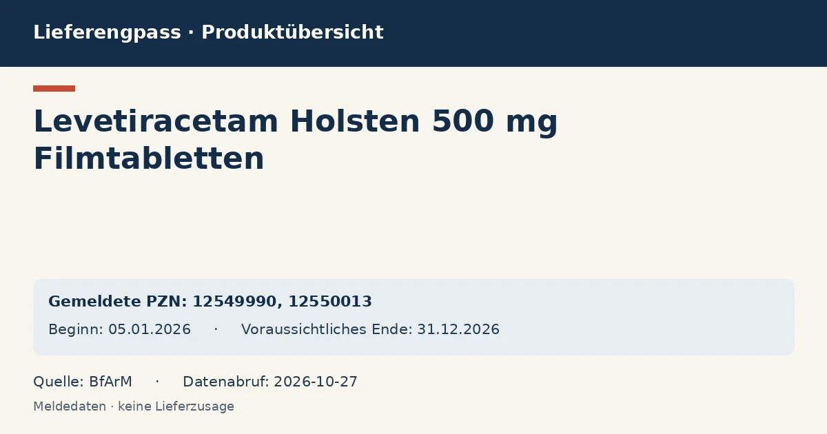 Levetiracetam Holsten 500 mg Filmtabletten: Datenübersicht zum Lieferengpass mit gemeldeten Packungen und Zeitraum (BfArM) Levetiracetam Holsten 500 mg Filmtabletten: Datenübersicht zum Lieferengpass mit gemeldeten Packungen und Zeitraum (BfArM)