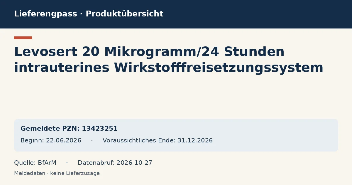 Levosert 20 Mikrogramm/24 Stunden intrauterines Wirkstofffreisetzungssystem: Datenübersicht zum Lieferengpass mit gemeldeten Packungen und Zeitraum (BfArM) Levosert 20 Mikrogramm/24 Stunden intrauterines Wirkstofffreisetzungssystem: Datenübersicht zum Lieferengpass mit gemeldeten Packungen und Zeitraum (BfArM)