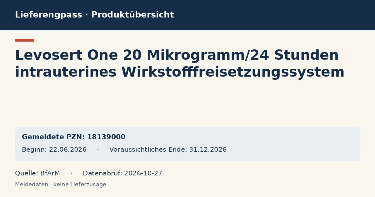 Levosert One 20 Mikrogramm/24 Stunden intrauterines Wirkstofffreisetzungssystem: Datenübersicht zum Lieferengpass mit gemeldeten Packungen und Zeitraum (BfArM) Levosert One 20 Mikrogramm/24 Stunden intrauterines Wirkstofffreisetzungssystem: Datenübersicht zum Lieferengpass mit gemeldeten Packungen und Zeitraum (BfArM)