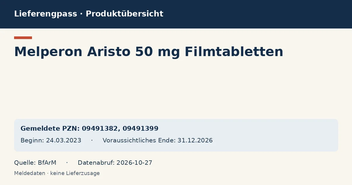 Melperon Aristo 50 mg Filmtabletten: Datenübersicht zum Lieferengpass mit gemeldeten Packungen und Zeitraum (BfArM) Melperon Aristo 50 mg Filmtabletten: Datenübersicht zum Lieferengpass mit gemeldeten Packungen und Zeitraum (BfArM)