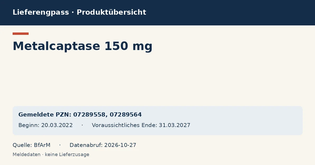 Metalcaptase 150 mg: Datenübersicht zum Lieferengpass mit gemeldeten Packungen und Zeitraum (BfArM) Metalcaptase 150 mg: Datenübersicht zum Lieferengpass mit gemeldeten Packungen und Zeitraum (BfArM)