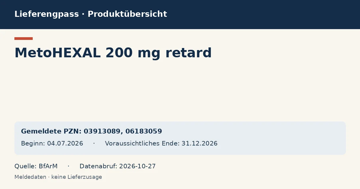 MetoHEXAL 200 mg retard: Datenübersicht zum Lieferengpass mit gemeldeten Packungen und Zeitraum (BfArM) MetoHEXAL 200 mg retard: Datenübersicht zum Lieferengpass mit gemeldeten Packungen und Zeitraum (BfArM)