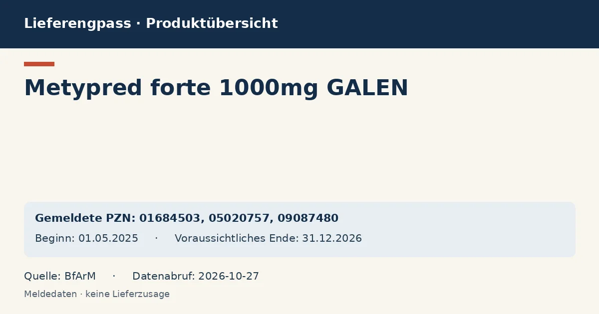 Metypred forte 1000mg GALEN: Datenübersicht zum Lieferengpass mit gemeldeten Packungen und Zeitraum (BfArM) Metypred forte 1000mg GALEN: Datenübersicht zum Lieferengpass mit gemeldeten Packungen und Zeitraum (BfArM)