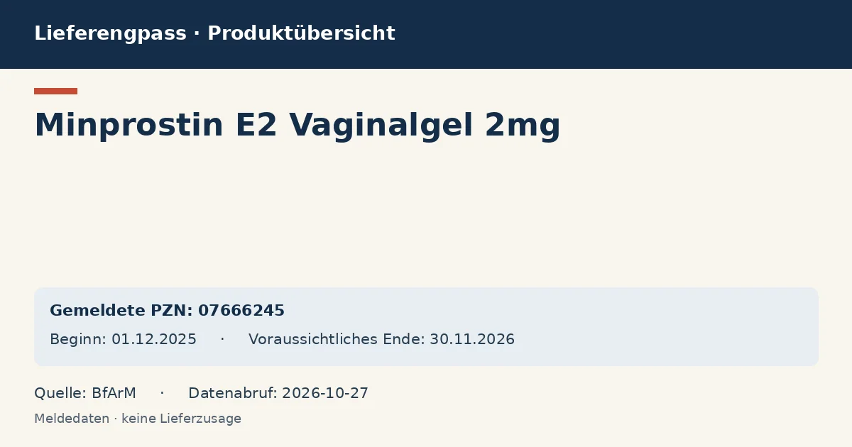 Minprostin E2 Vaginalgel 2mg: Datenübersicht zum Lieferengpass mit gemeldeten Packungen und Zeitraum (BfArM) Minprostin E2 Vaginalgel 2mg: Datenübersicht zum Lieferengpass mit gemeldeten Packungen und Zeitraum (BfArM)