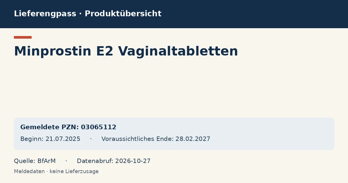 Minprostin E2 Vaginaltabletten: Datenübersicht zum Lieferengpass mit gemeldeten Packungen und Zeitraum (BfArM) Minprostin E2 Vaginaltabletten: Datenübersicht zum Lieferengpass mit gemeldeten Packungen und Zeitraum (BfArM)