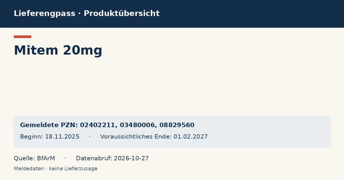 Mitem 20mg: Datenübersicht zum Lieferengpass mit gemeldeten Packungen und Zeitraum (BfArM) Mitem 20mg: Datenübersicht zum Lieferengpass mit gemeldeten Packungen und Zeitraum (BfArM)