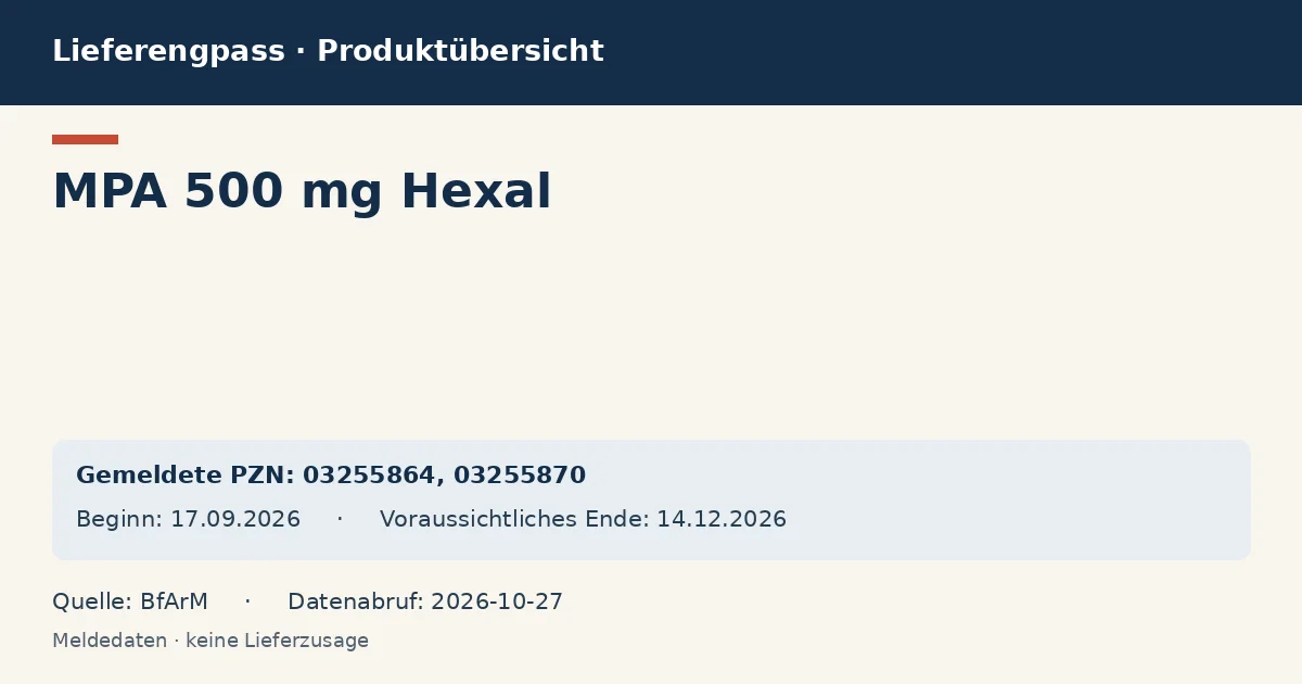 MPA 500 mg Hexal: Datenübersicht zum Lieferengpass mit gemeldeten Packungen und Zeitraum (BfArM) MPA 500 mg Hexal: Datenübersicht zum Lieferengpass mit gemeldeten Packungen und Zeitraum (BfArM)