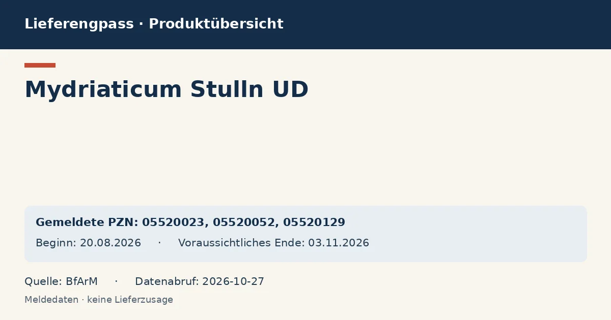 Mydriaticum Stulln UD: Datenübersicht zum Lieferengpass mit gemeldeten Packungen und Zeitraum (BfArM) Mydriaticum Stulln UD: Datenübersicht zum Lieferengpass mit gemeldeten Packungen und Zeitraum (BfArM)