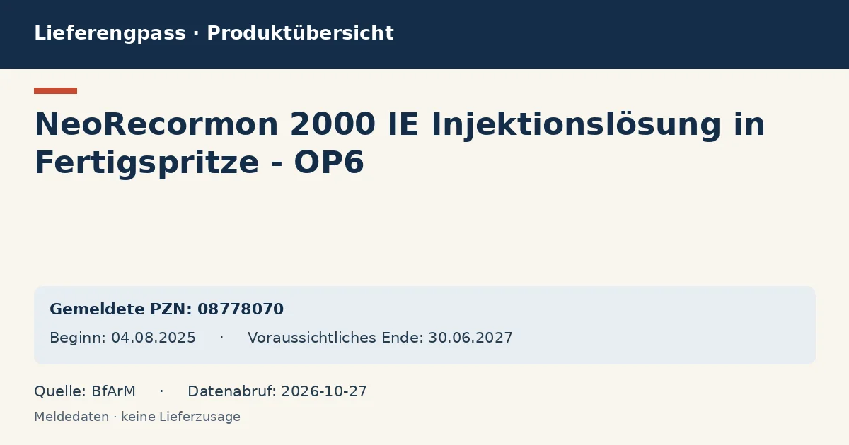 NeoRecormon 2000 IE Injektionslösung in Fertigspritze - OP6: Datenübersicht zum Lieferengpass mit gemeldeten Packungen und Zeitraum (BfArM) NeoRecormon 2000 IE Injektionslösung in Fertigspritze - OP6: Datenübersicht zum Lieferengpass mit gemeldeten Packungen und Zeitraum (BfArM)