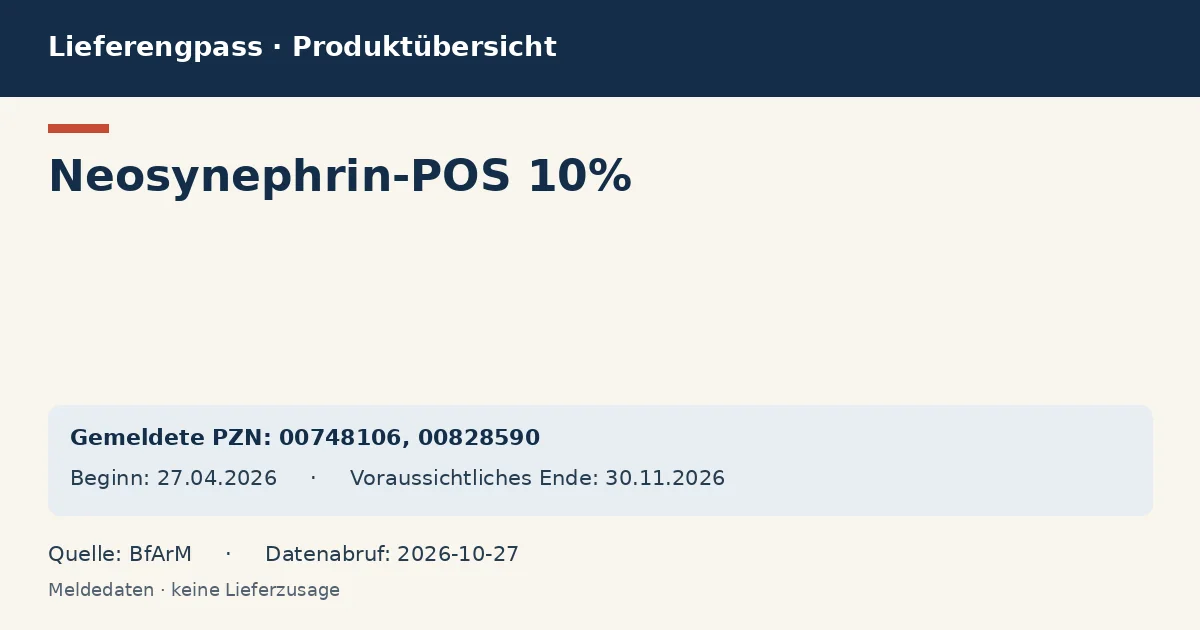 Neosynephrin-POS 10%: Datenübersicht zum Lieferengpass mit gemeldeten Packungen und Zeitraum (BfArM) Neosynephrin-POS 10%: Datenübersicht zum Lieferengpass mit gemeldeten Packungen und Zeitraum (BfArM)