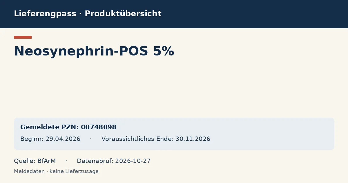 Neosynephrin-POS 5%: Datenübersicht zum Lieferengpass mit gemeldeten Packungen und Zeitraum (BfArM) Neosynephrin-POS 5%: Datenübersicht zum Lieferengpass mit gemeldeten Packungen und Zeitraum (BfArM)