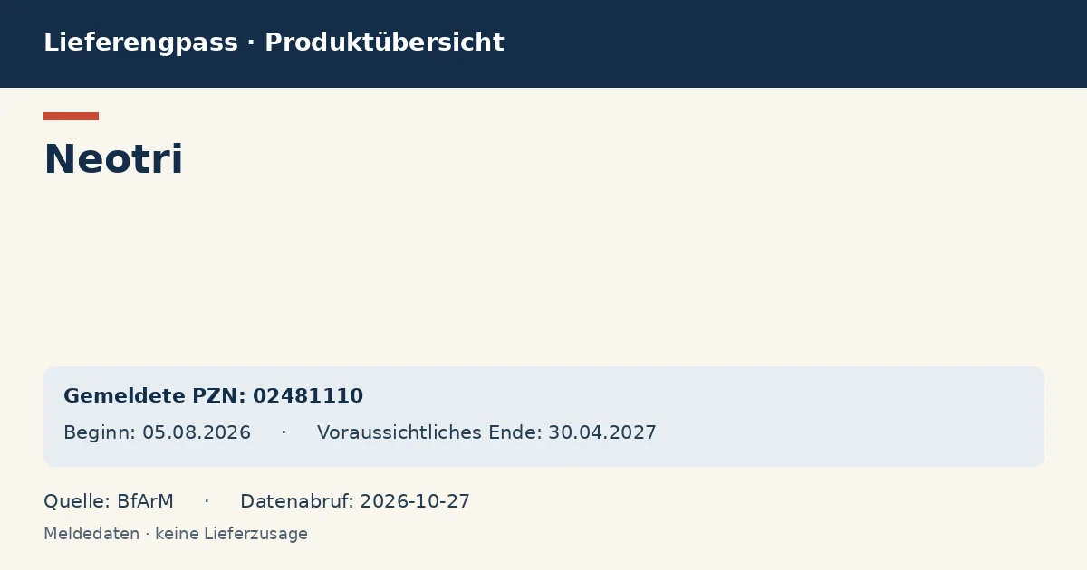 Neotri: Datenübersicht zum Lieferengpass mit gemeldeten Packungen und Zeitraum (BfArM) Neotri: Datenübersicht zum Lieferengpass mit gemeldeten Packungen und Zeitraum (BfArM)