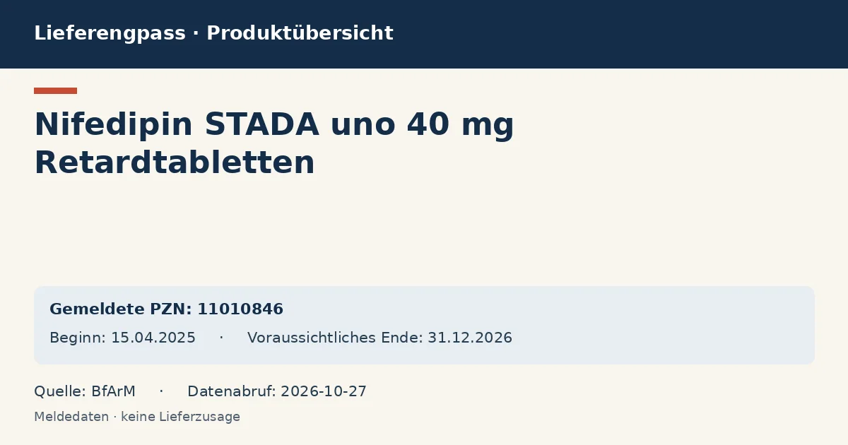Nifedipin STADA uno 40 mg Retardtabletten: Datenübersicht zum Lieferengpass mit gemeldeten Packungen und Zeitraum (BfArM) Nifedipin STADA uno 40 mg Retardtabletten: Datenübersicht zum Lieferengpass mit gemeldeten Packungen und Zeitraum (BfArM)
