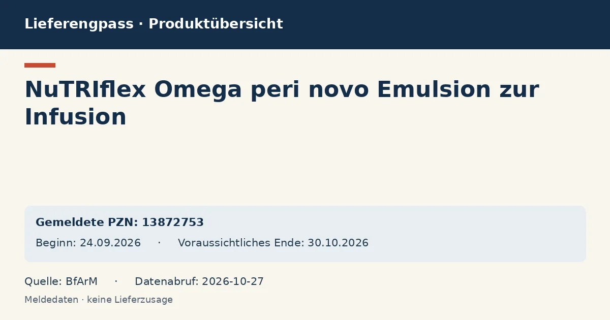 NuTRIflex Omega peri novo Emulsion zur Infusion: Datenübersicht zum Lieferengpass mit gemeldeten Packungen und Zeitraum (BfArM) NuTRIflex Omega peri novo Emulsion zur Infusion: Datenübersicht zum Lieferengpass mit gemeldeten Packungen und Zeitraum (BfArM)