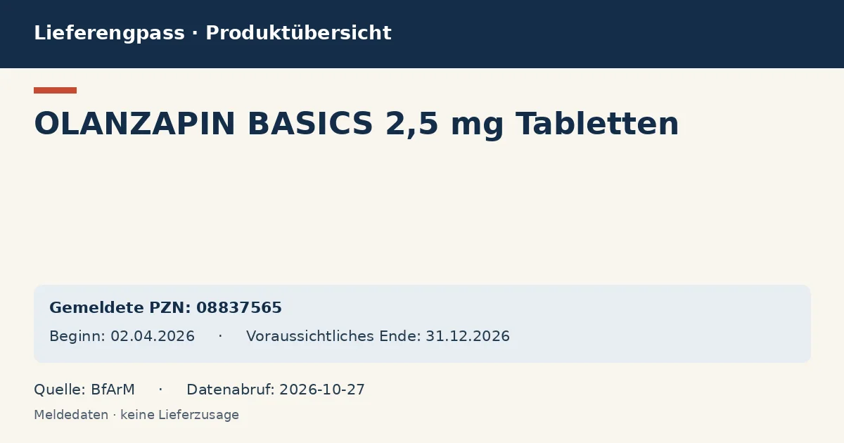 OLANZAPIN BASICS 2,5 mg Tabletten: Datenübersicht zum Lieferengpass mit gemeldeten Packungen und Zeitraum (BfArM) OLANZAPIN BASICS 2,5 mg Tabletten: Datenübersicht zum Lieferengpass mit gemeldeten Packungen und Zeitraum (BfArM)