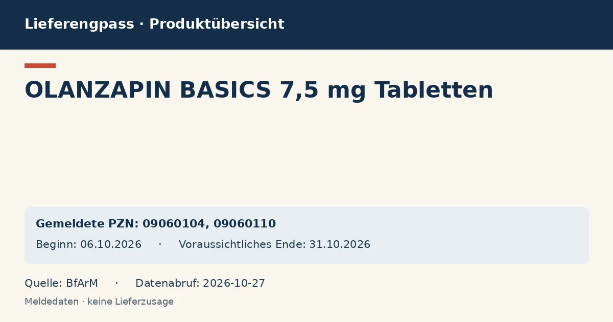 OLANZAPIN BASICS 7,5 mg Tabletten: Datenübersicht zum Lieferengpass mit gemeldeten Packungen und Zeitraum (BfArM) OLANZAPIN BASICS 7,5 mg Tabletten: Datenübersicht zum Lieferengpass mit gemeldeten Packungen und Zeitraum (BfArM)
