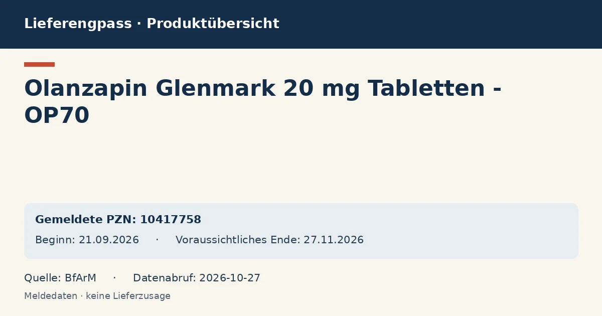 Olanzapin Glenmark 20 mg Tabletten - OP70: Datenübersicht zum Lieferengpass mit gemeldeten Packungen und Zeitraum (BfArM) Olanzapin Glenmark 20 mg Tabletten - OP70: Datenübersicht zum Lieferengpass mit gemeldeten Packungen und Zeitraum (BfArM)